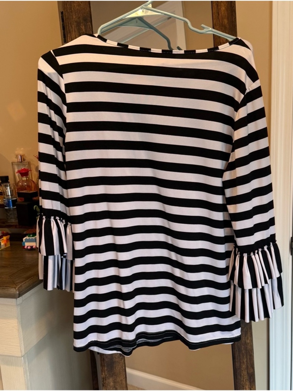 Dainty Jewells Black & White Striped Ruffle Sleeve Long Sleeve Top